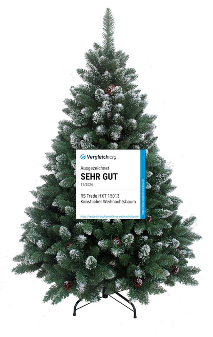 RS Trade HXT 15013 Snow Tree 150 cm artificial Christmas tree with snow and cones (Ø approx. 96 cm), approx. 760 tips, flame retardant, quick assembly folding system, incl. Christmas tree stand