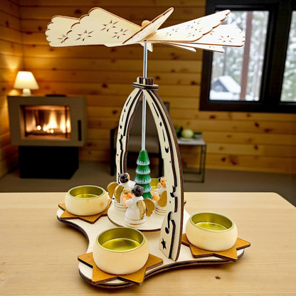 Elf Workshop Collection Christmas Pyramid Wooden with Angel Choir - Handcrafted Christmas Pyramid Tea Light Made of Real Wood - Detailed Wooden Pyramid Christmas, Height Approx. 24cm