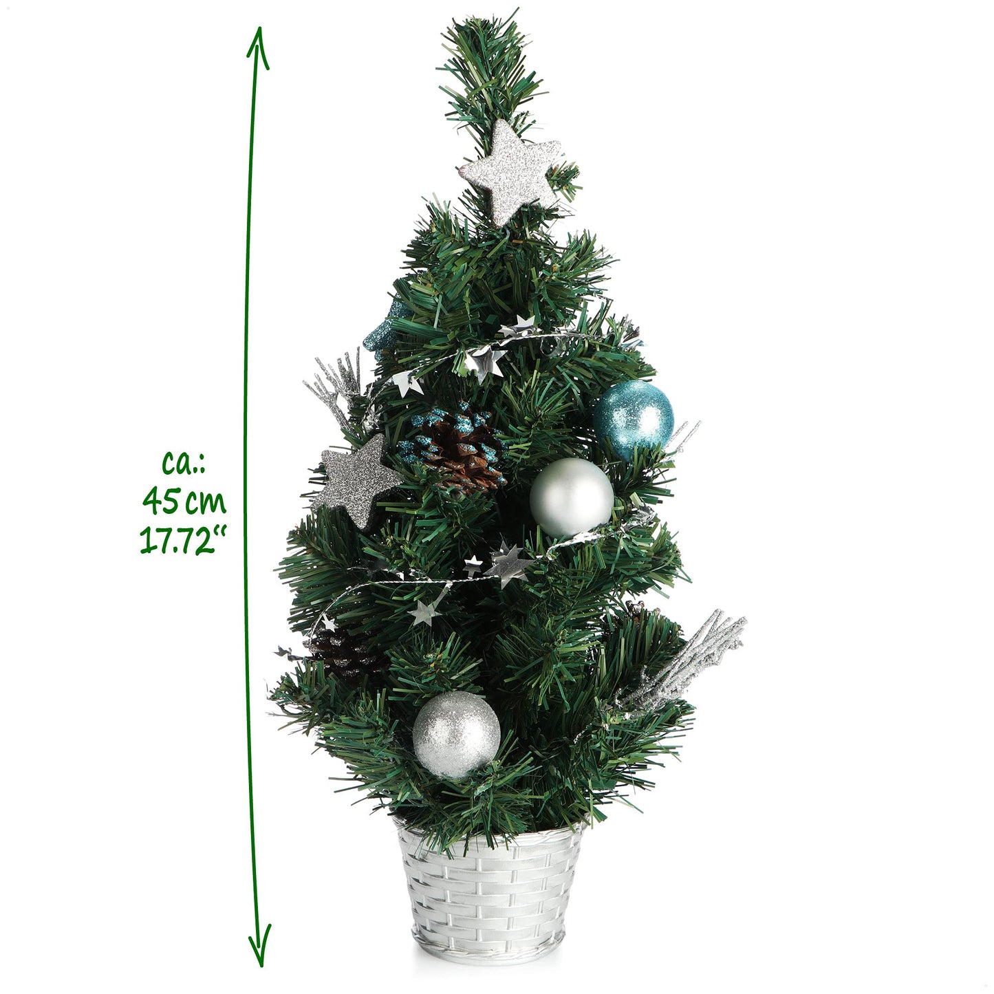 COM-FOUR® Artificial Christmas Tree with Baubles - Decorated pine tree for Christmas decoration - Christmas tree for Christmas decor (01 piece - 45cm - green/silver/blue)