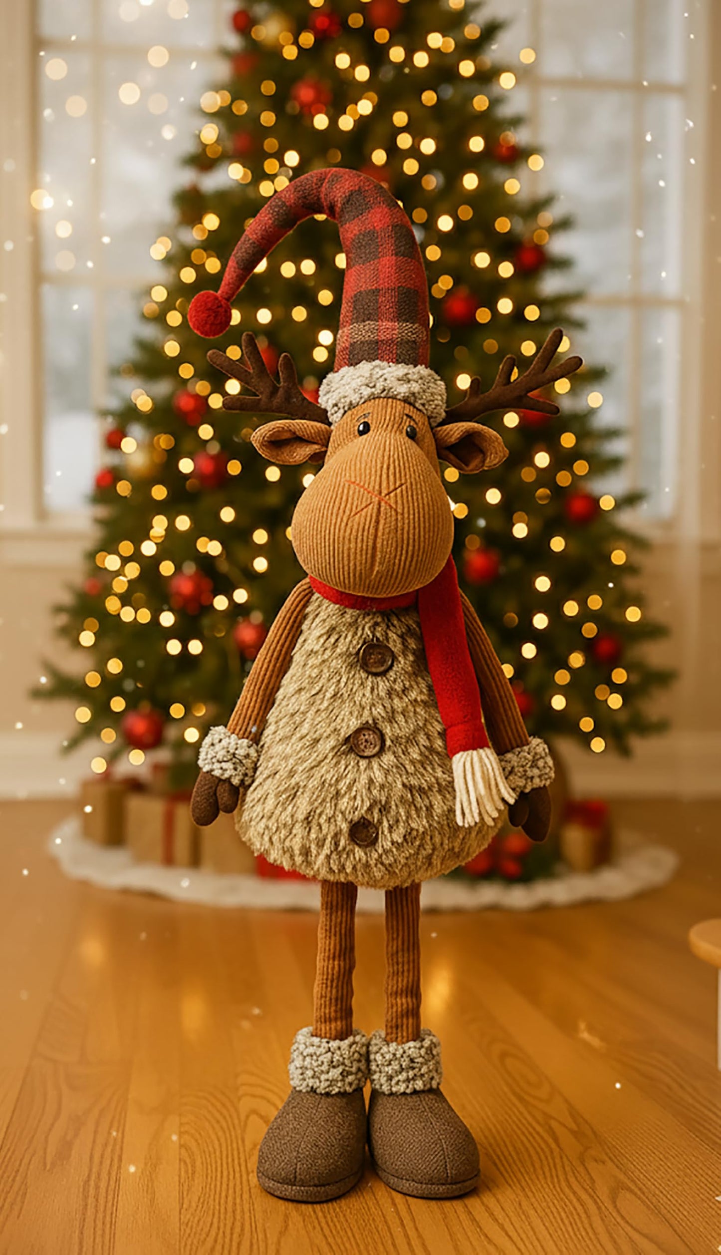 KAMACA XL Christmas elk decoration figure with extendable telescopic legs fabric figure with fur, scarf & hat standing Christmas decoration for staircase living room entrance gift (XL telescopic elk 98 cm)