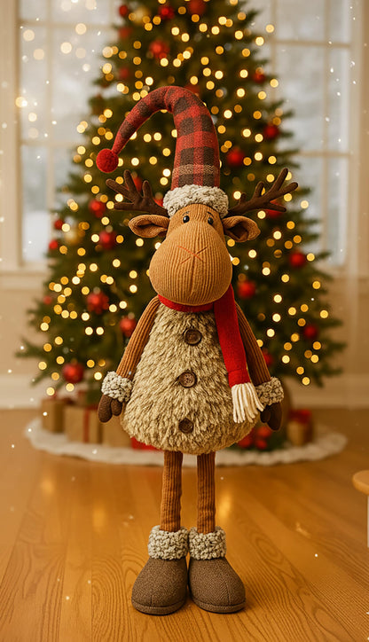 KAMACA XL Christmas elk decoration figure with extendable telescopic legs fabric figure with fur, scarf & hat standing Christmas decoration for staircase living room entrance gift (XL telescopic elk 98 cm)