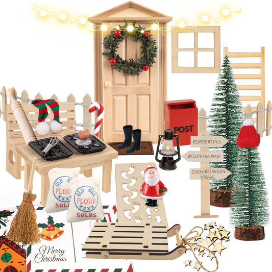 SUNBEAUTY Elf Door Set Complete with elf letters, including baking set, mailboxes, signs, and other accessories. Christmas decoration for children's rooms, DIY gift for kids at Christmas.