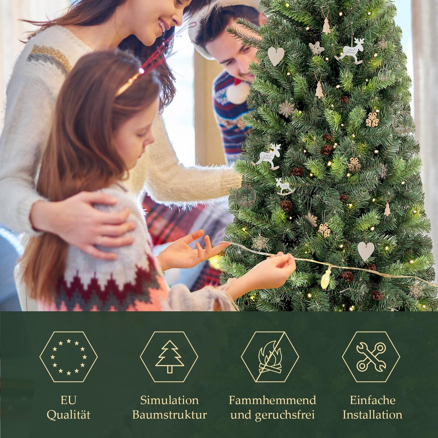 SALCAR Artificial Christmas Tree Slim 180 cm, Artificial Pine Tree with Gloves and Metal Stand, Pencil Christmas Tree PVC Green