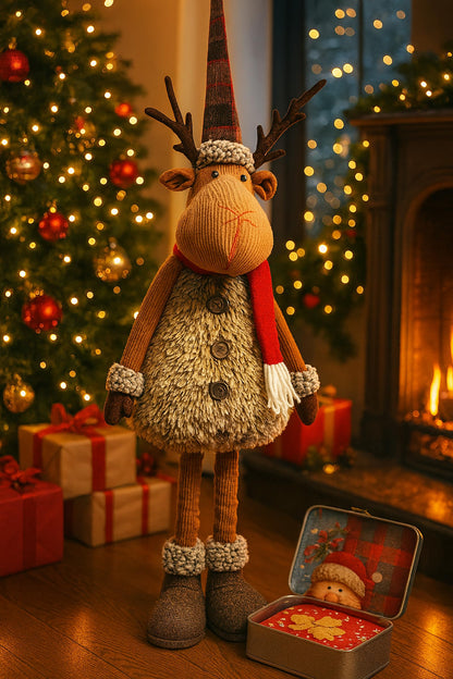 KAMACA XL Christmas elk decoration figure with extendable telescopic legs fabric figure with fur, scarf & hat standing Christmas decoration for staircase living room entrance gift (XL telescopic elk 98 cm)