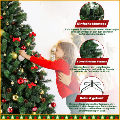 Artificial Christmas tree with 1100 branch tips, collapsible stand, metal hinges, and easy-to-assemble, green tree for home office, shop, party decoration.