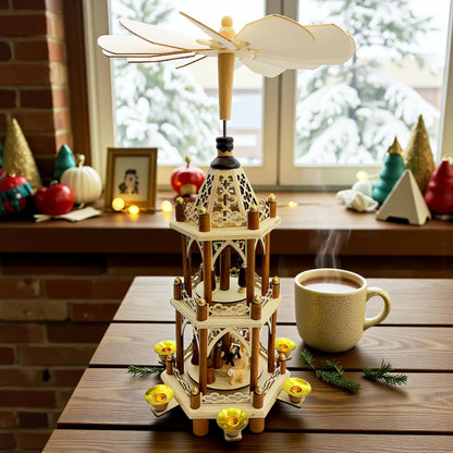 Elf workshop collection Christmas pyramid Nativity scene 3 levels Original 6 pyramid candles high-quality Christmas decoration Wood very smooth running Height 43cm