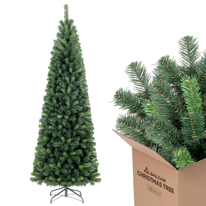 SALCAR Artificial Christmas Tree Slim 180 cm, Artificial Pine Tree with Gloves and Metal Stand, Pencil Christmas Tree PVC Green
