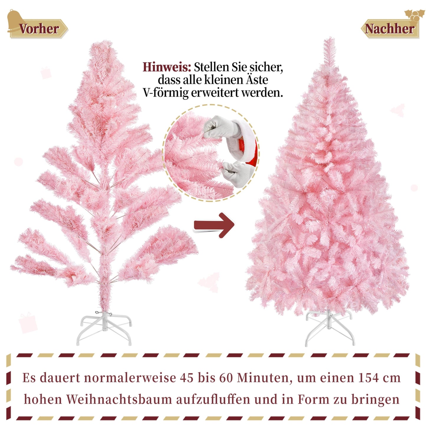 Yaheetech 154cm Artificial Christmas Tree Pink, Fir Tree with 398 Tips & Foldable Metal Stand Reusable Christmas Tree Artificial Tree for Christmas Decoration.