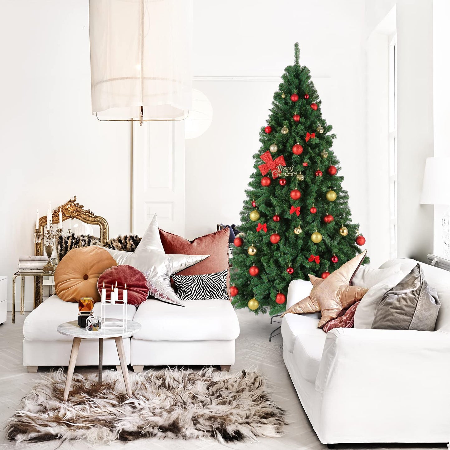 Artificial Christmas tree with 1100 branch tips, collapsible stand, metal hinges, and easy-to-assemble, green tree for home office, shop, party decoration.