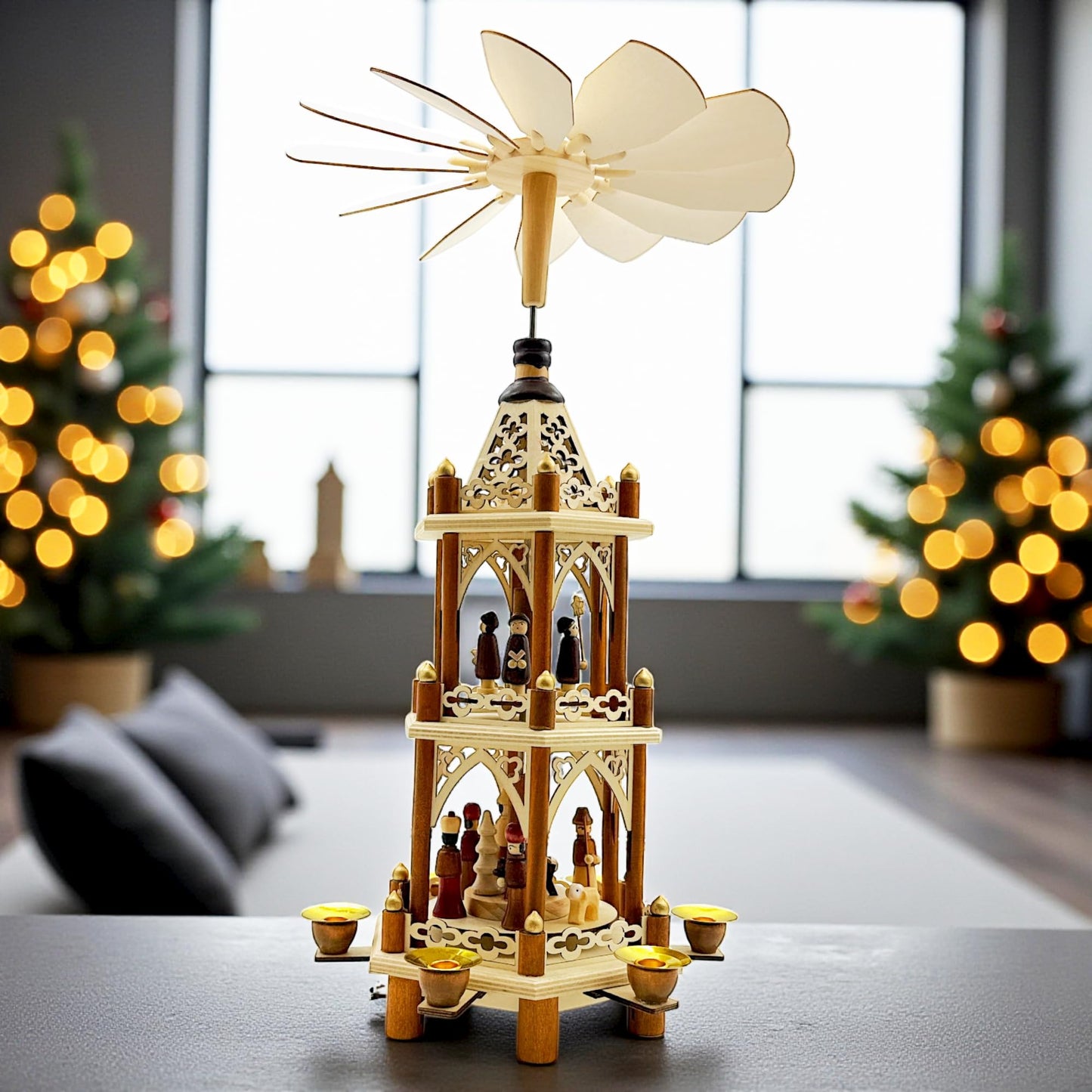 Elf workshop collection Christmas pyramid Nativity scene 3 levels Original 6 pyramid candles high-quality Christmas decoration Wood very smooth running Height 43cm