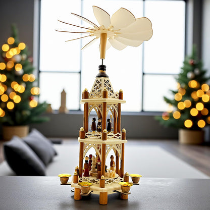 Elf workshop collection Christmas pyramid Nativity scene 3 levels Original 6 pyramid candles high-quality Christmas decoration Wood very smooth running Height 43cm