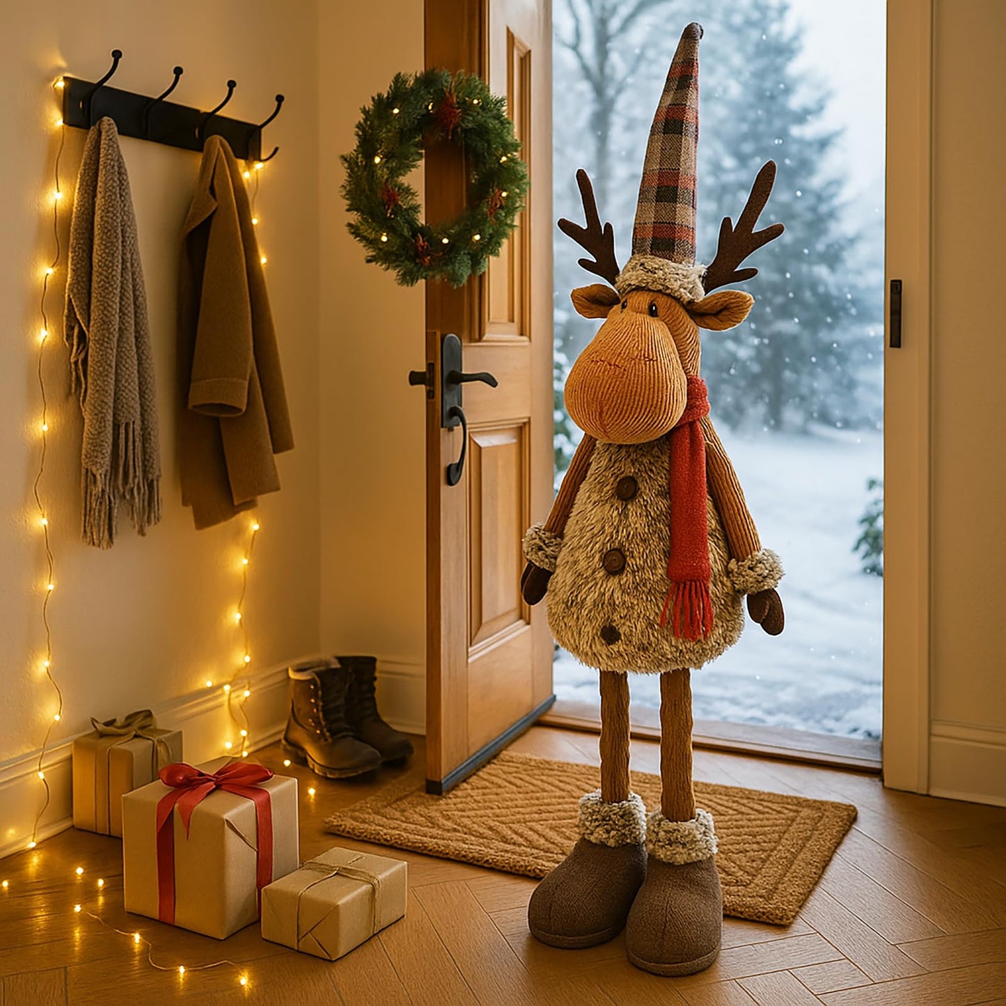 KAMACA XL Christmas elk decoration figure with extendable telescopic legs fabric figure with fur, scarf & hat standing Christmas decoration for staircase living room entrance gift (XL telescopic elk 98 cm)