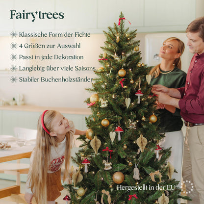 FairyTrees artificial Christmas tree 180cm FIR NATURAL with wooden tree stand | Artificial fir tree with green trunk | Made in EU