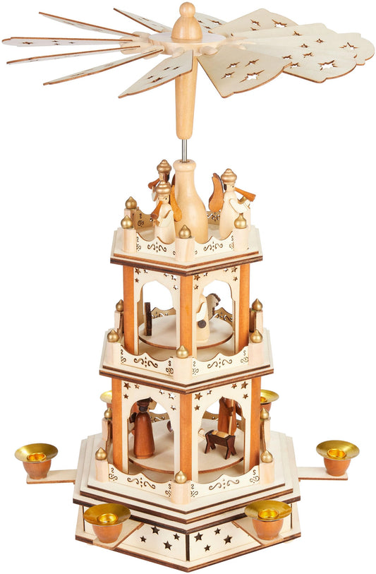 BRUBAKER Christmas Pyramid - 3-tier rotating wooden pyramid - Christmas decoration with 3 levels and wooden star wings - 45 cm height - hand-painted figures Christmas - Natural Brown