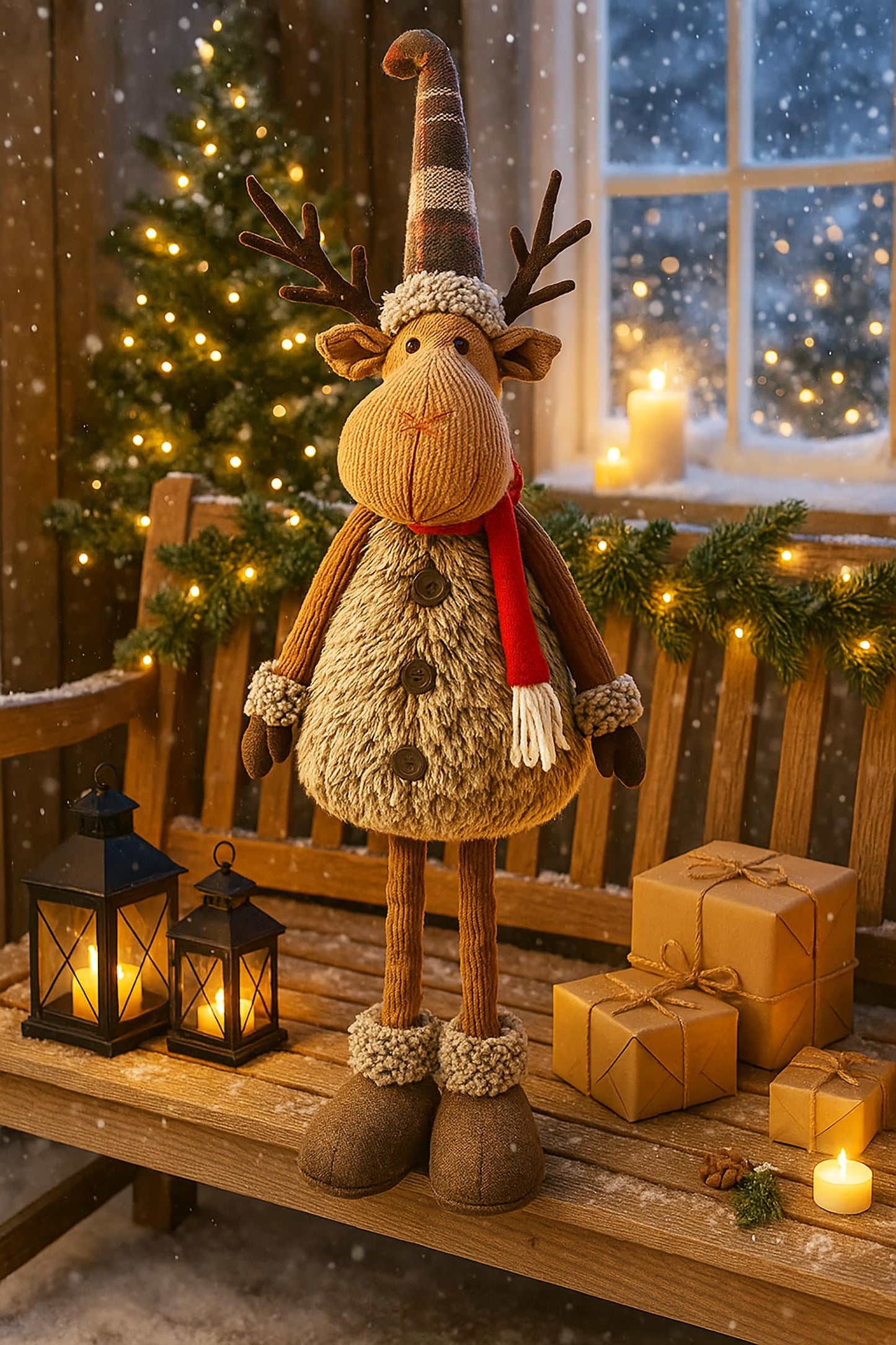 KAMACA XL Christmas elk decoration figure with extendable telescopic legs fabric figure with fur, scarf & hat standing Christmas decoration for staircase living room entrance gift (XL telescopic elk 98 cm)