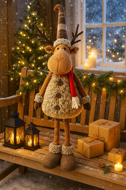 KAMACA XL Christmas elk decoration figure with extendable telescopic legs fabric figure with fur, scarf & hat standing Christmas decoration for staircase living room entrance gift (XL telescopic elk 98 cm)