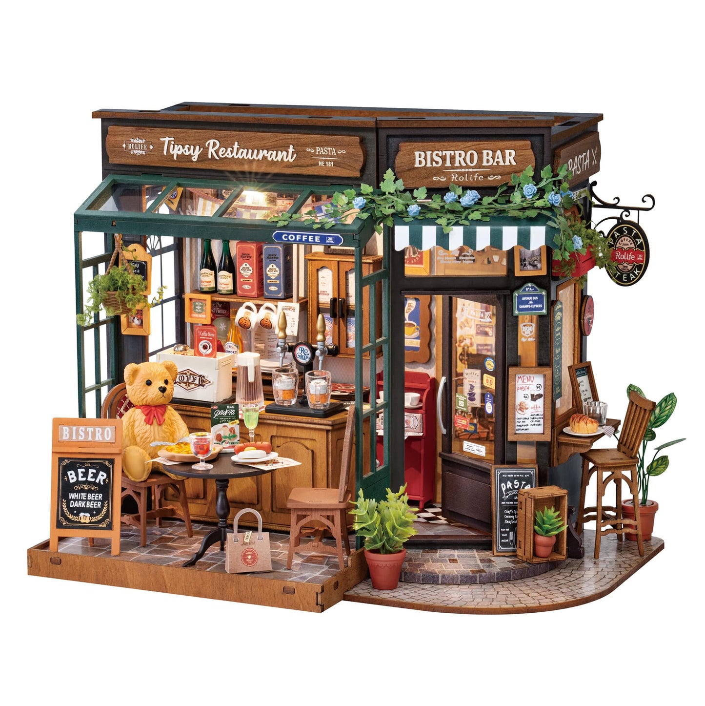 Rolife Dollhouse Tipsy Restaurant DIY Miniature House Kit Miniature Café Dollhouse Model Kit Home Decor Birthday Gift for Kids and Adults