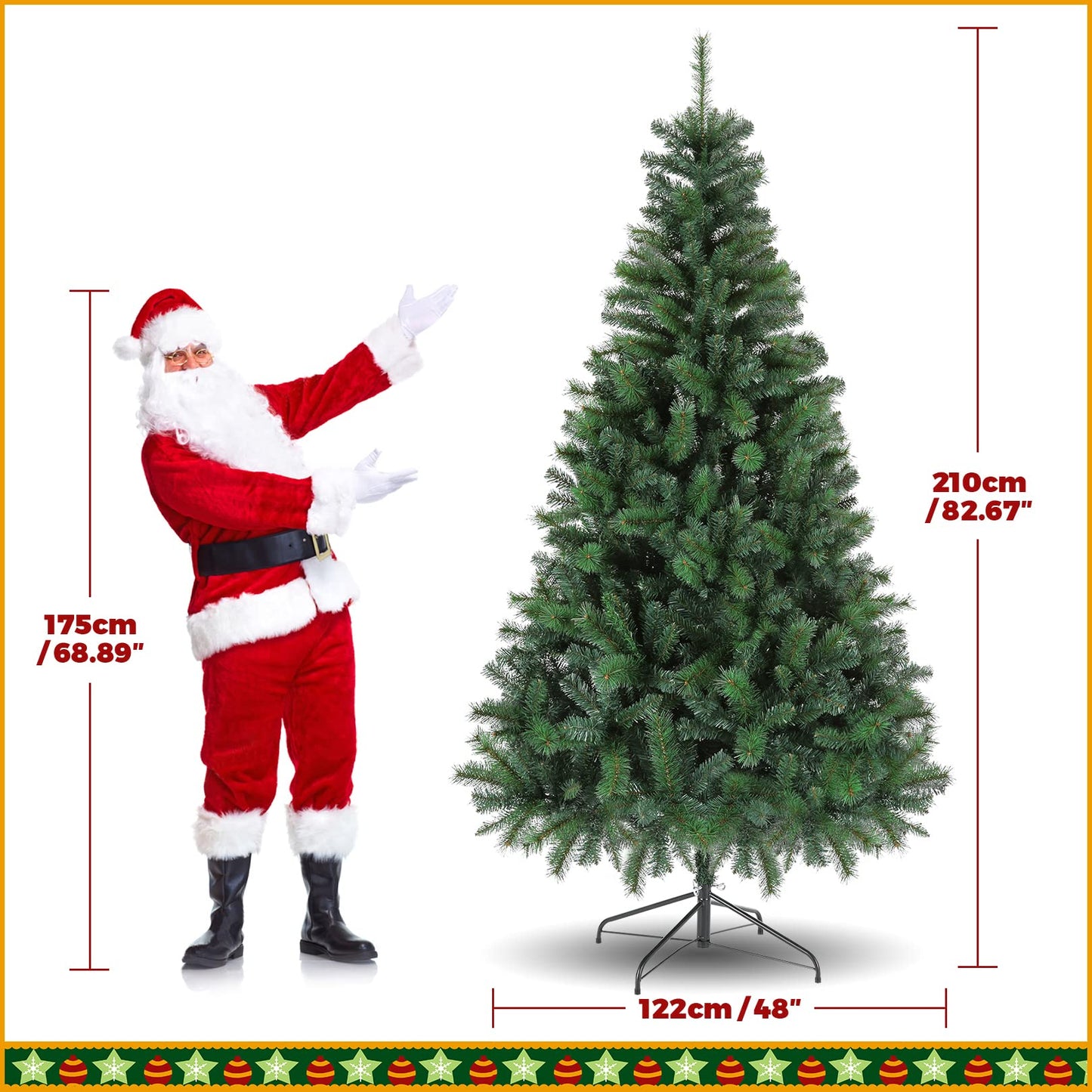 Artificial Christmas tree with 1100 branch tips, collapsible stand, metal hinges, and easy-to-assemble, green tree for home office, shop, party decoration.