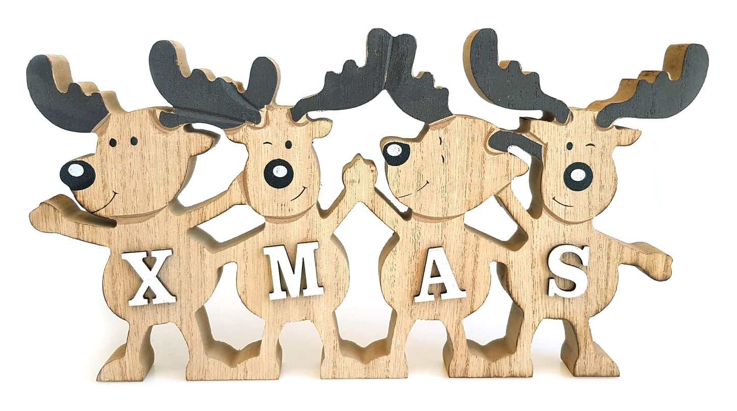 Decorative display stand for 4 reindeer friends Xmas 26 x 13 cm, natural brown wood, country style wood stand decorative sign elk row winter decor