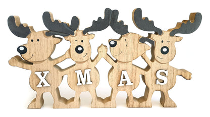 Decorative display stand for 4 reindeer friends Xmas 26 x 13 cm, natural brown wood, country style wood stand decorative sign elk row winter decor
