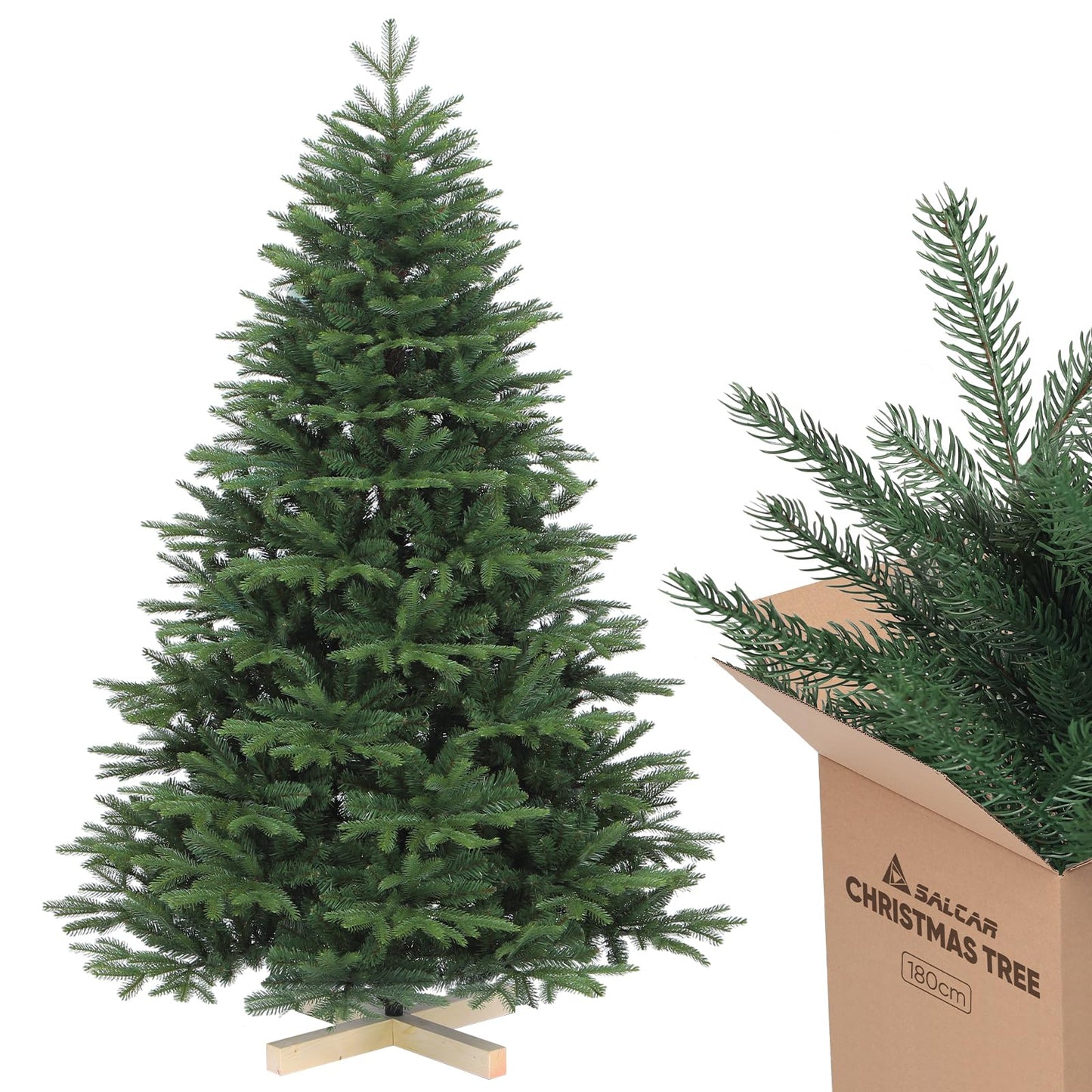 SALCAR Artificial Christmas Tree 180 cm with wooden stand, PE realistic injection-molded elements & PVC Nordman fir, 1.8 m artificial fir tree (Ø 122 cm)