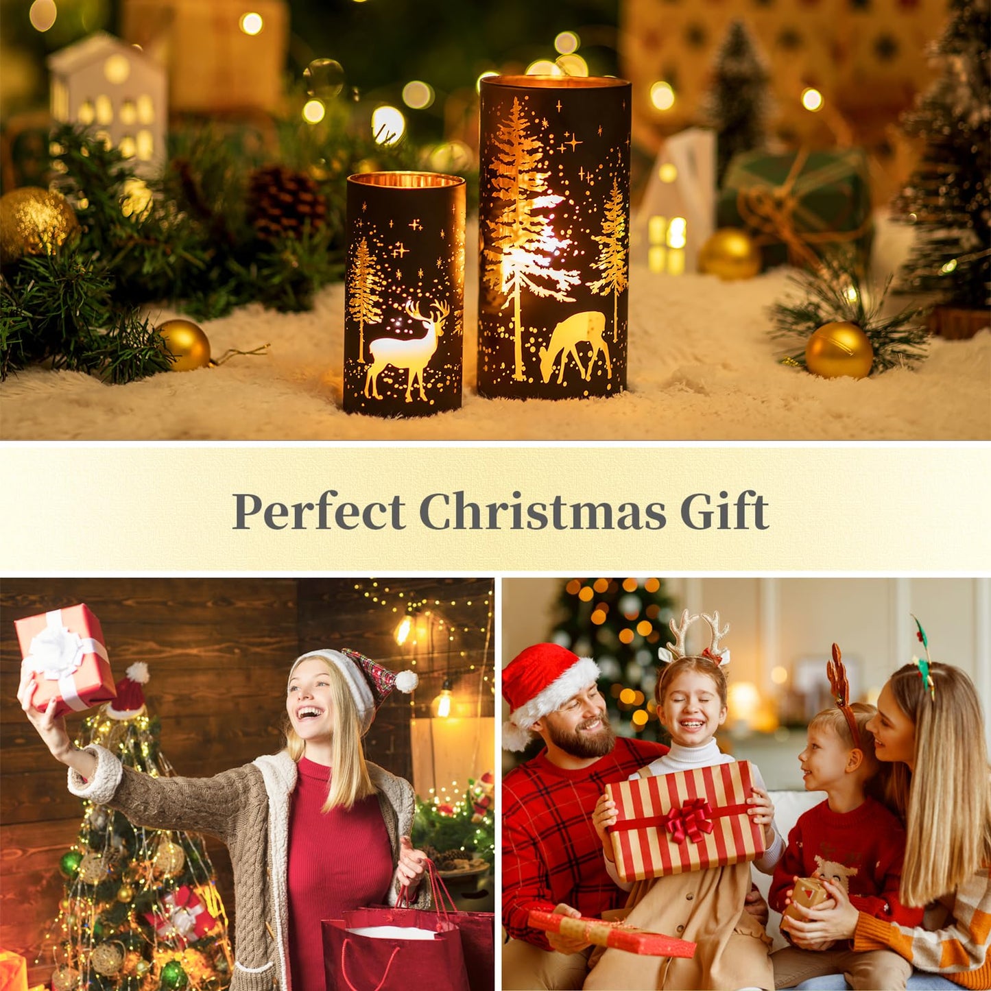 Hewory Christmas Decor Black Tealight Christmas: 2-piece Set Deer Decor Christmas Table Decoration Candle Holder Glass Christmas Decoration Indoor Gold