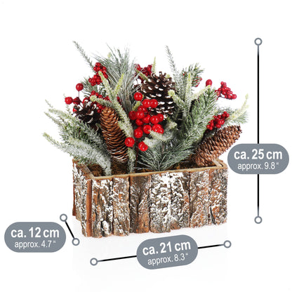 com-four® Christmas Decoration - Small wintery table decoration in a bark pot with red berries, decorative snow, and pine cones. Great table decoration for the Advent season (1 piece - 25cm - red berries)