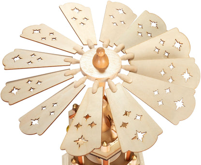 BRUBAKER Christmas Pyramid - 3-tier rotating wooden pyramid - Christmas decoration with 3 levels and wooden star wings - 45 cm height - hand-painted figures Christmas - Natural Brown
