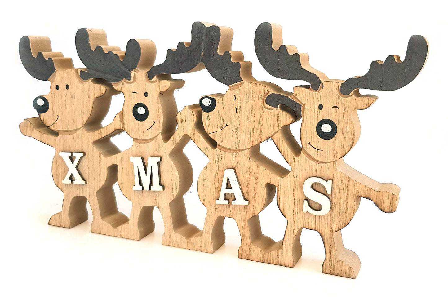 Decorative display stand for 4 reindeer friends Xmas 26 x 13 cm, natural brown wood, country style wood stand decorative sign elk row winter decor