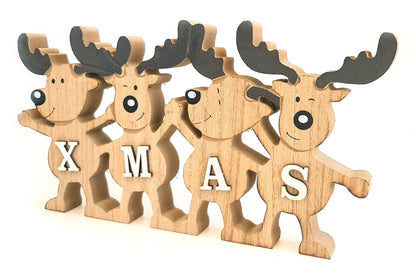 Decorative display stand for 4 reindeer friends Xmas 26 x 13 cm, natural brown wood, country style wood stand decorative sign elk row winter decor