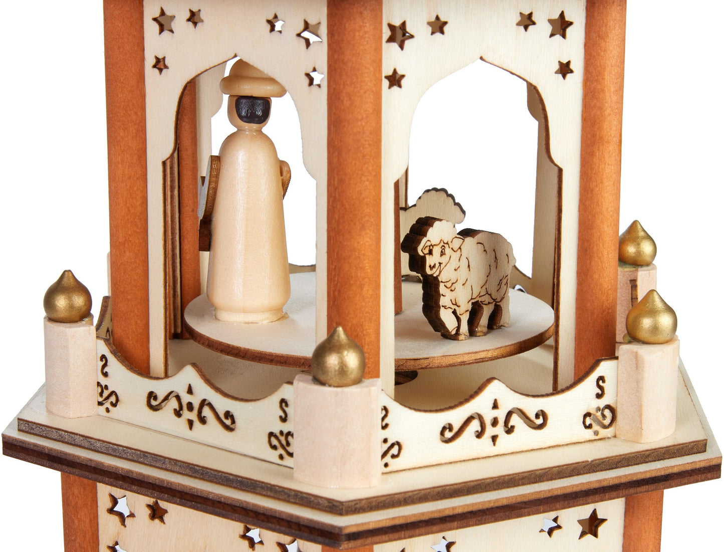 BRUBAKER Christmas Pyramid - 3-tier rotating wooden pyramid - Christmas decoration with 3 levels and wooden star wings - 45 cm height - hand-painted figures Christmas - Natural Brown