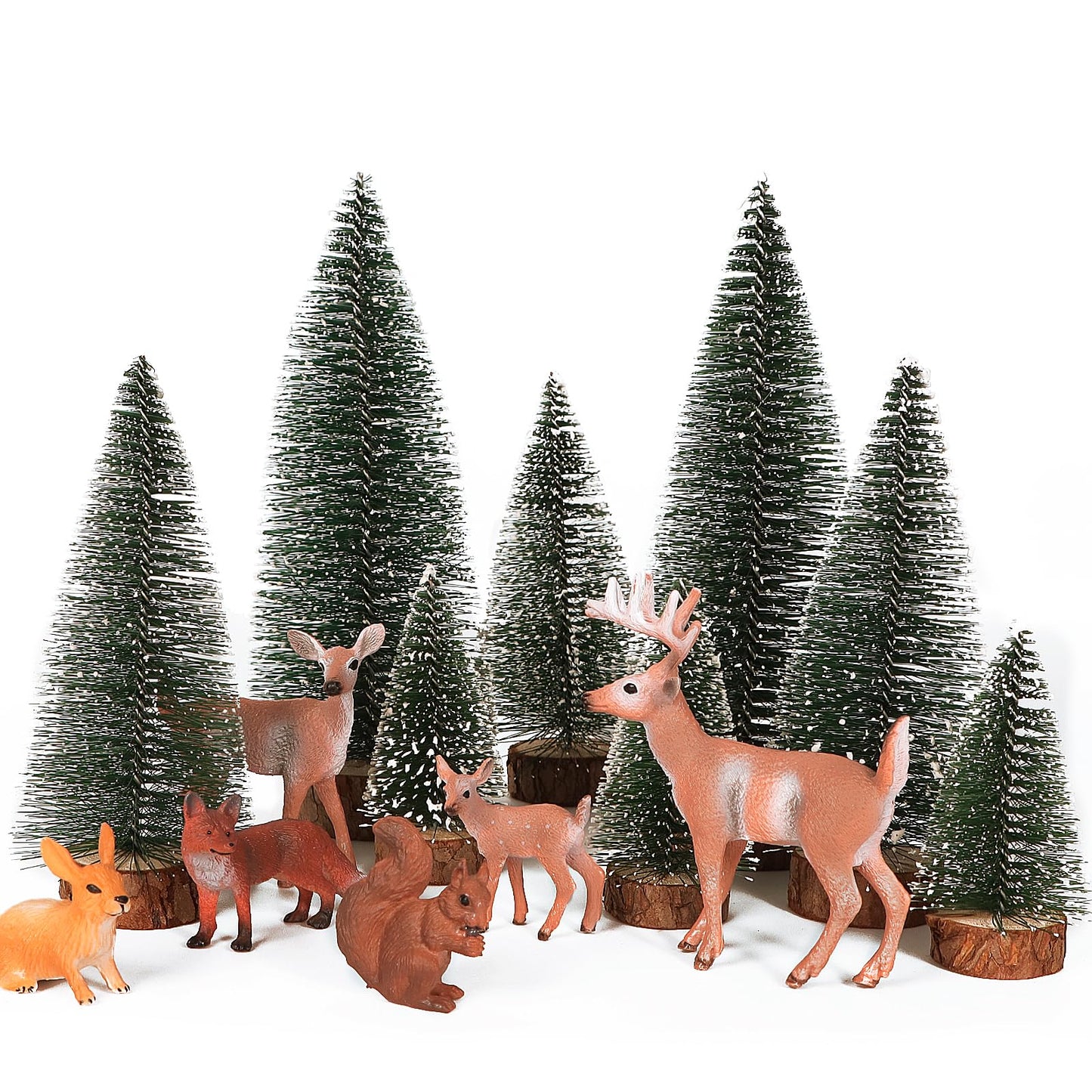 14 pieces Christmas Mini Figures Christmas Tree Artificial Ornament Miniature Pine Tree Deer Rabbit Fox Squirrel Reindeer Small Christmas Figures Christmas Decoration for Crafting Xmas