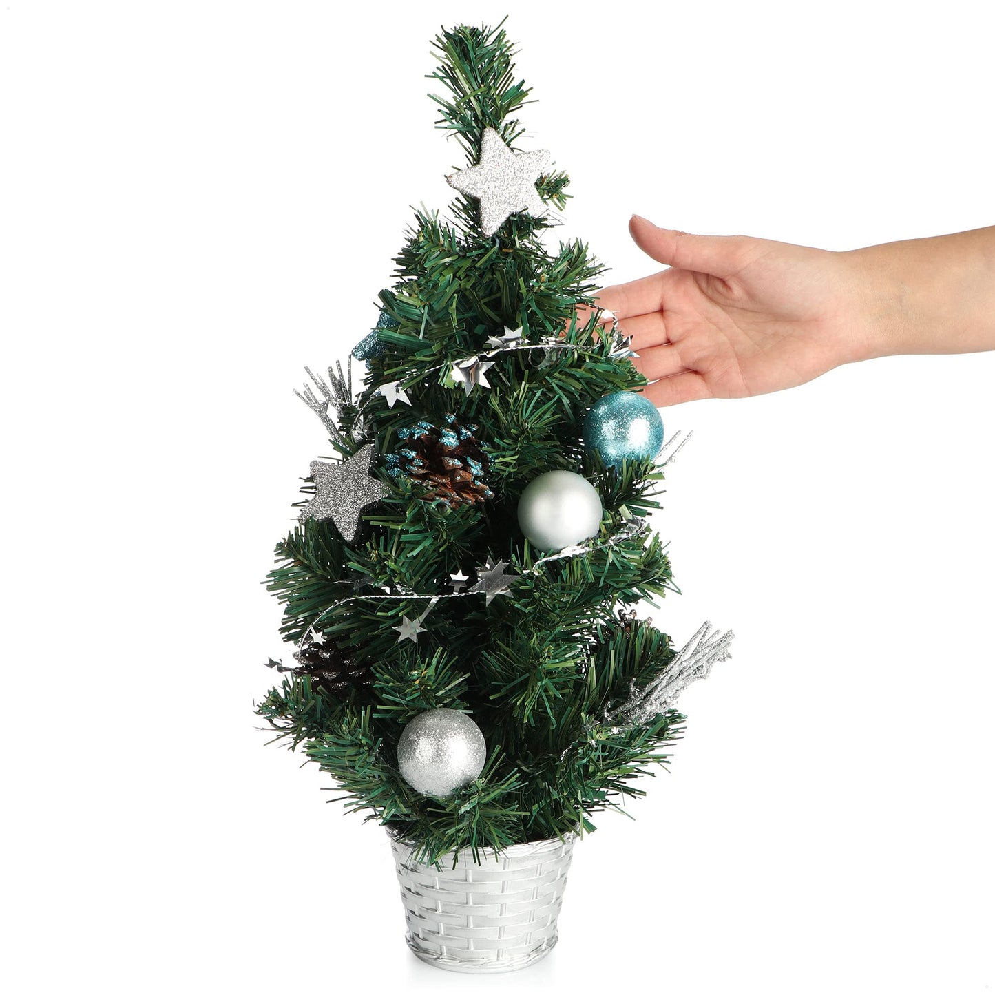 COM-FOUR® Artificial Christmas Tree with Baubles - Decorated pine tree for Christmas decoration - Christmas tree for Christmas decor (01 piece - 45cm - green/silver/blue)
