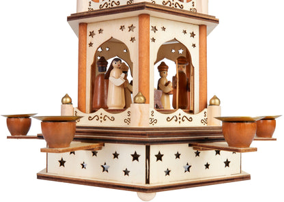 BRUBAKER Christmas Pyramid - 3-tier rotating wooden pyramid - Christmas decoration with 3 levels and wooden star wings - 45 cm height - hand-painted figures Christmas - Natural Brown