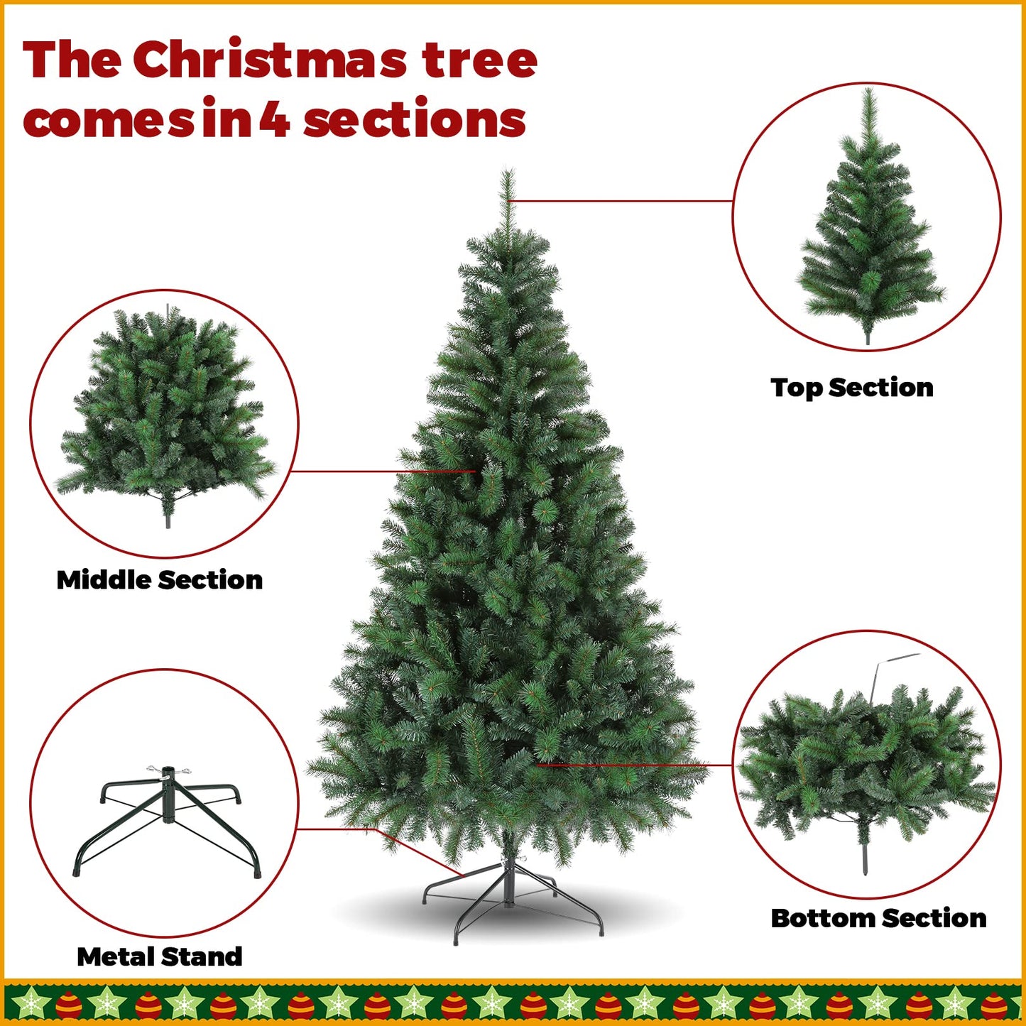 Artificial Christmas tree with 1100 branch tips, collapsible stand, metal hinges, and easy-to-assemble, green tree for home office, shop, party decoration.