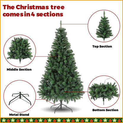 Artificial Christmas tree with 1100 branch tips, collapsible stand, metal hinges, and easy-to-assemble, green tree for home office, shop, party decoration.