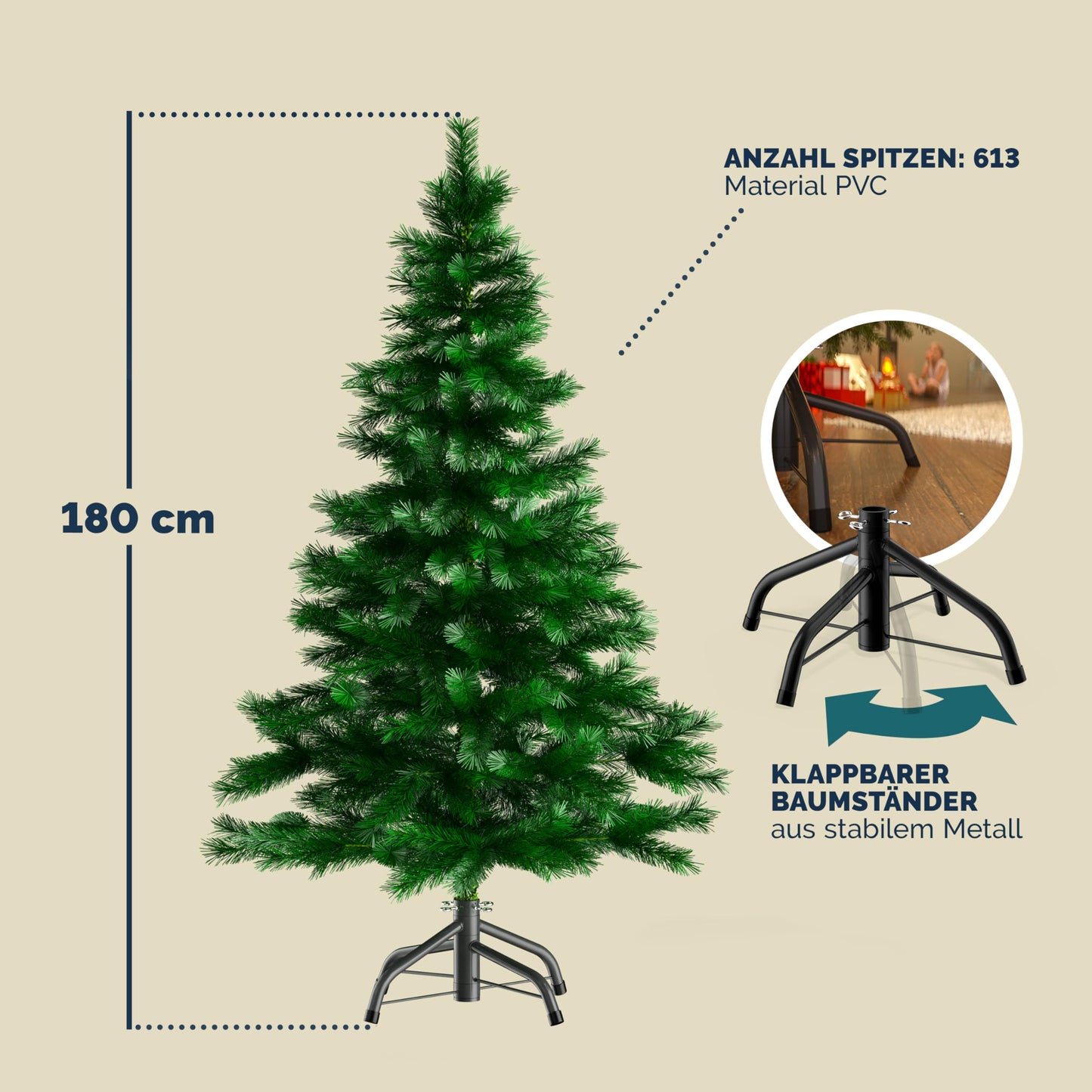 CASARIA® artificial Christmas tree 180cm dense branches quick setup metal stand lifelike fire-resistant green pine tree decoration Christmas