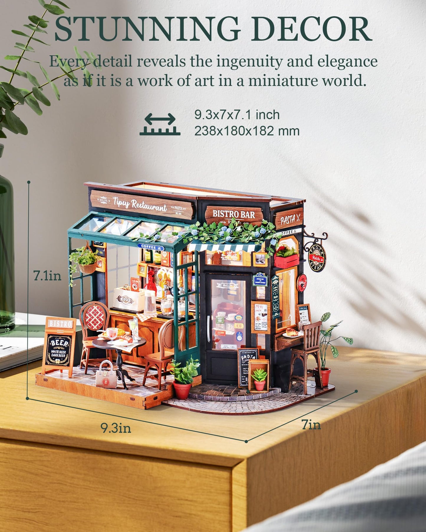 Rolife Dollhouse Tipsy Restaurant DIY Miniature House Kit Miniature Café Dollhouse Model Kit Home Decor Birthday Gift for Kids and Adults