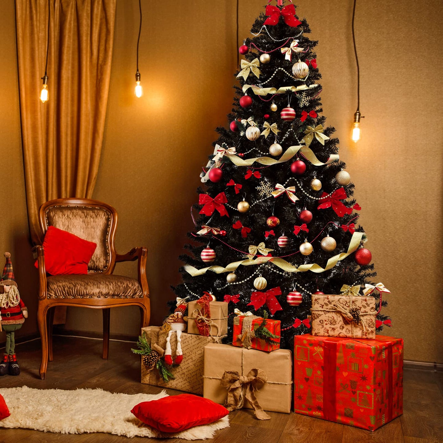 SALCAR Artificial Christmas Tree 180 cm Black, Artificial Pine Tree with Gloves and Metal Stand, Christmas Trees as Indoor Christmas Decorations