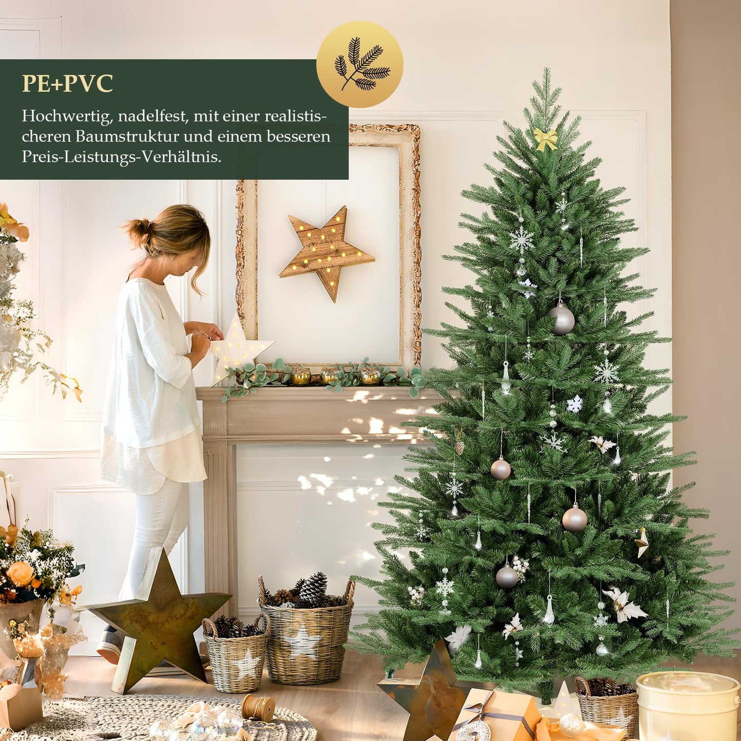 SALCAR Artificial Christmas Tree 210 cm with wooden stand, PE realistic injection molded elements & PVC Nordmann fir, 2.1 m artificial fir tree (Ø 135 cm)