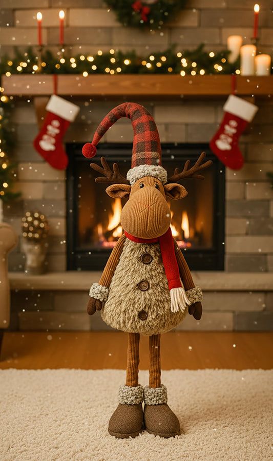 KAMACA XL Christmas elk decoration figure with extendable telescopic legs fabric figure with fur, scarf & hat standing Christmas decoration for staircase living room entrance gift (XL telescopic elk 98 cm)