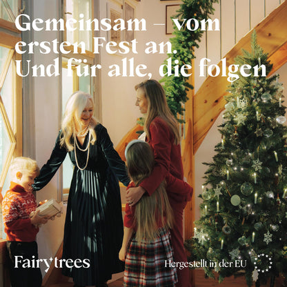 FairyTrees artificial Christmas tree 150cm SPRUCE Nature with tree stand made of real wood | Artificial fir tree with green trunk | Made in EU