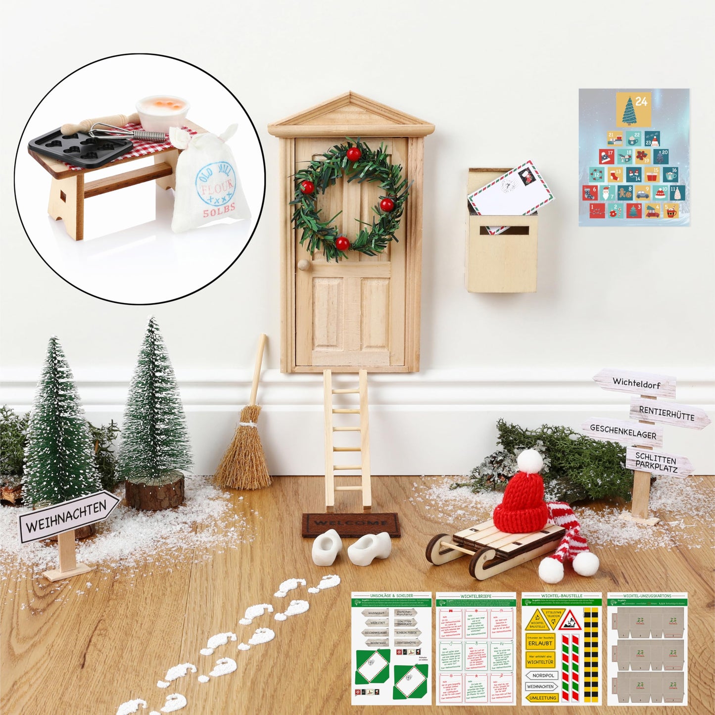 North Star Elf Door Set - Complete set including elf letters, moving boxes, construction site, signs, and many other accessories for the Advent season, DIY decoration for Christmas.