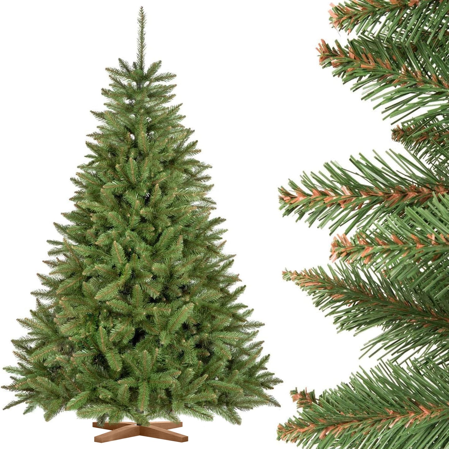 FairyTrees artificial Christmas tree 180cm FIR NATURAL with wooden tree stand | Artificial fir tree with green trunk | Made in EU