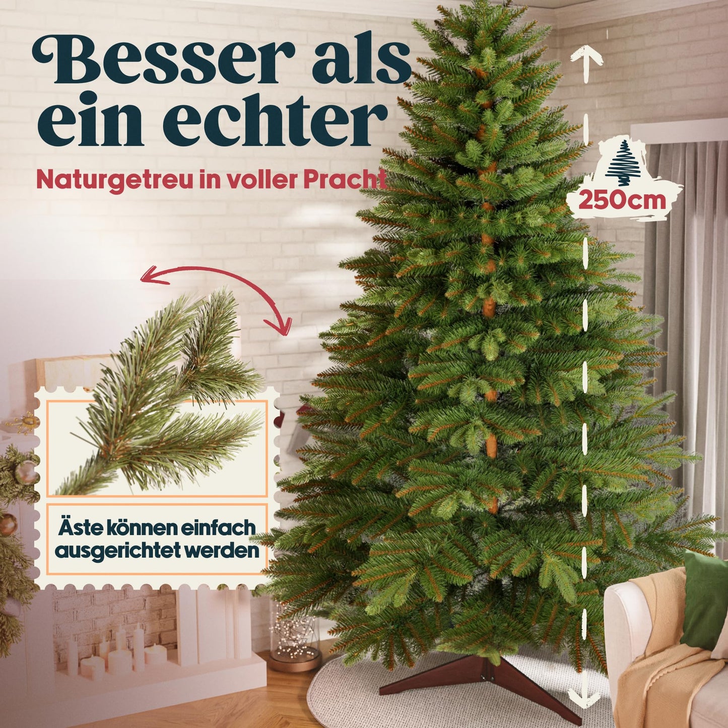 Premium artificial Christmas tree 250cm - AWARD WINNER 10 years WARRANTY - Realistic, dense branches, Artificial Christmas tree with wooden stand - Artificial fir tree by Pure Living