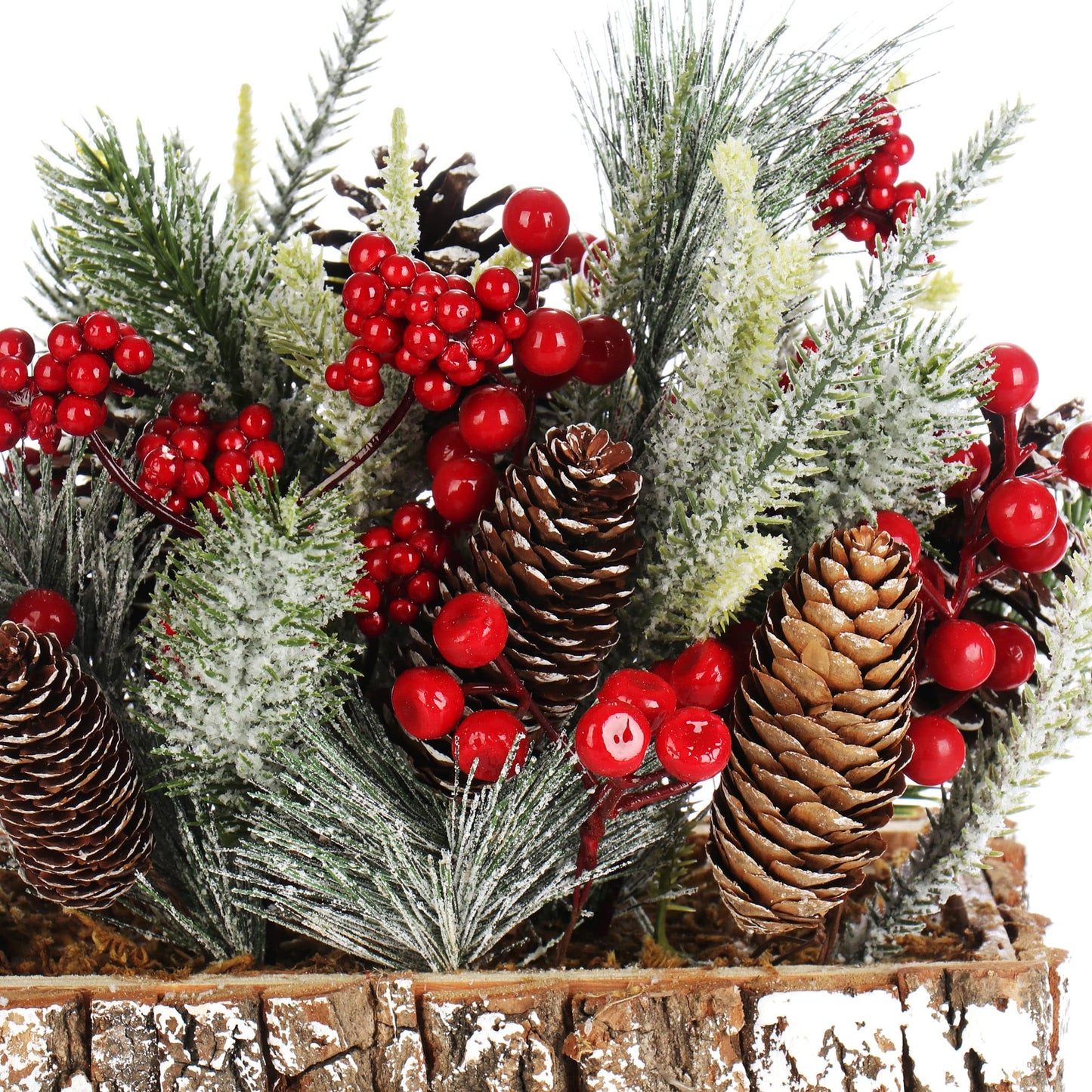 com-four® Christmas Decoration - Small wintery table decoration in a bark pot with red berries, decorative snow, and pine cones. Great table decoration for the Advent season (1 piece - 25cm - red berries)
