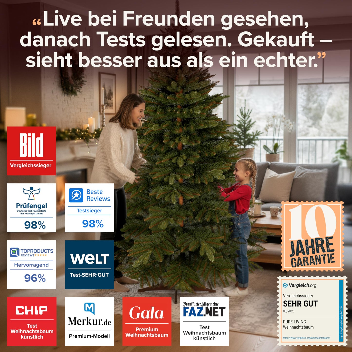 Premium artificial Christmas tree 250cm - AWARD WINNER 10 years WARRANTY - Realistic, dense branches, Artificial Christmas tree with wooden stand - Artificial fir tree by Pure Living