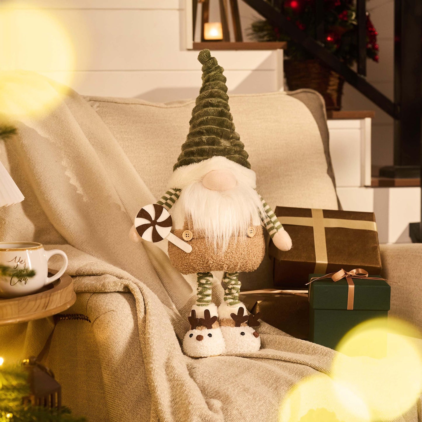 VALERY MADELYN Christmas Elf for Christmas Decoration, 64cm Christmas Gnome Green Brown, Adjustable Legs, Indoor House Christmas Dwarf, Christmas Ornament Decorations