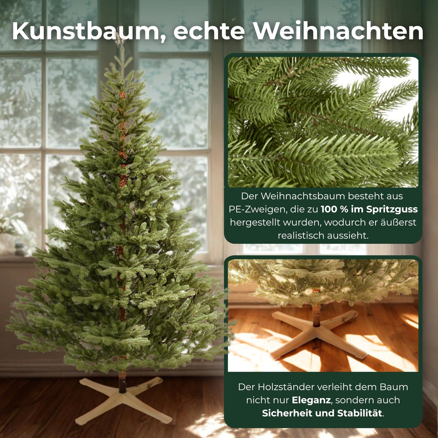 Premium artificial Christmas tree Nordmann fir [100% injection moulding] Artificial tree incl. FSC certified wooden stand and bag I Christmas Tree Made in EU