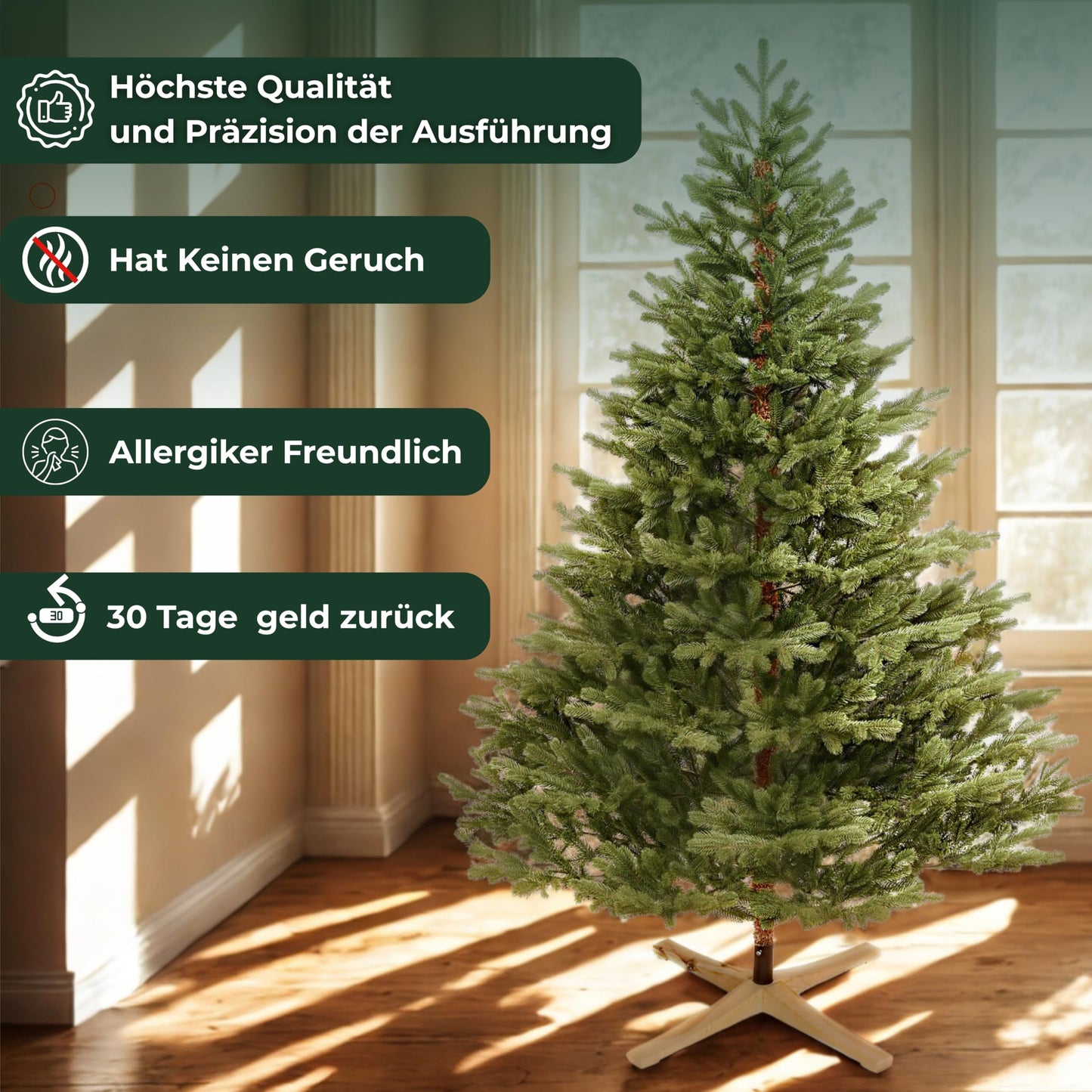Premium artificial Christmas tree Nordmann fir [100% injection moulding] Artificial tree incl. FSC certified wooden stand and bag I Christmas Tree Made in EU